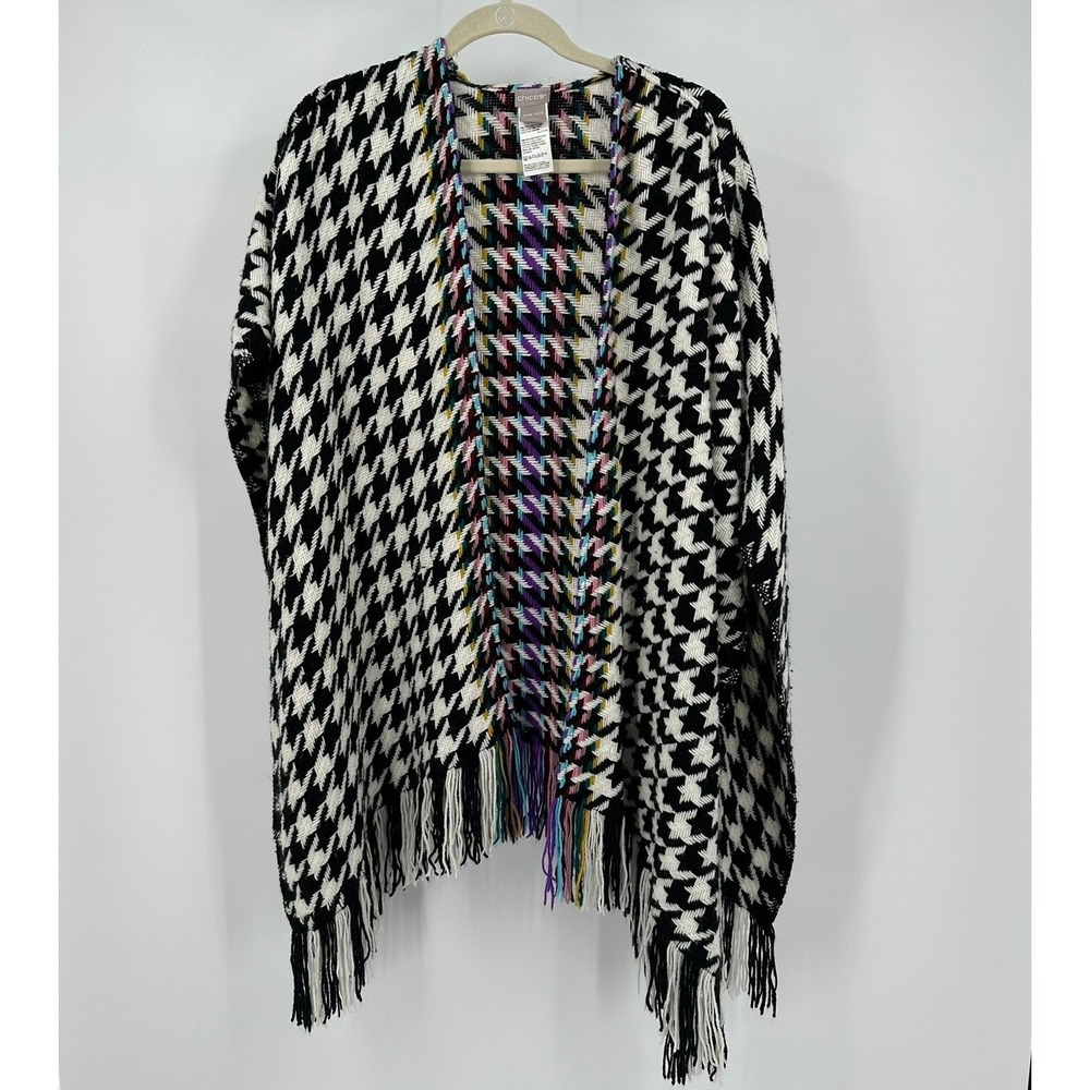 Chicos Womens Boho Houndstooth Poncho Wrap One Size Fringe Eclectic Colorful